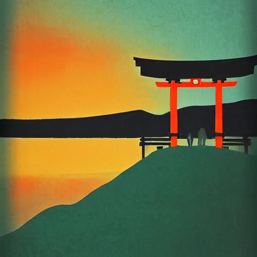 Prompt: a japanese landscape filled with torii arches, dawn, by david aja