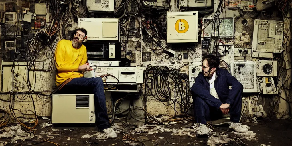 Image similar to typical cryptocurrency nerd, sitting in front of old 9 0's computer, yellow bitcoin posters on walls, shilling, crt tubes, cables everywhere, damp basement decay fat and dirty, scruffy looking, claustrophobia, humidity mold, award - winning photomanipulation