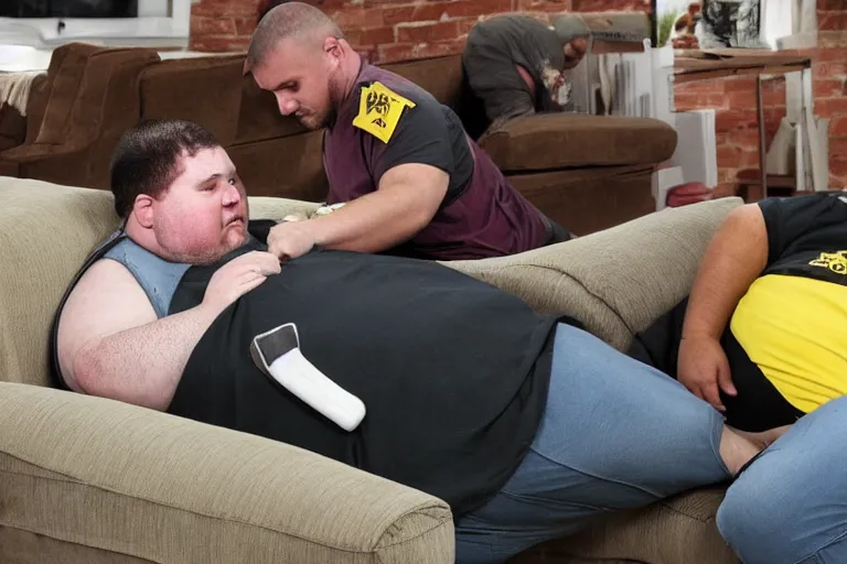 Image similar to fat convict being executed on eletric sofa