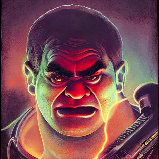 Image similar to lofi portrait of shrek as the doom slayer, demons, hell, pixar style, by tristan eaton stanley artgerm and tom bagshaw.