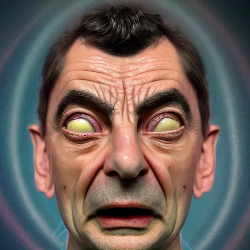 Prompt: Very very very very highly detailed epic central composition photo of Mr Bean face, intricate, happy stoner vibes, extremely detailed, digital painting, smooth, sharp focus, illustration, intimidating lighting, incredible art by Brooke Shaden, artstation, concept art, Octane render in Maya and Houdini