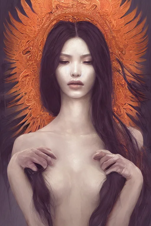 Image similar to a professional painting of a beautiful fallenangel geisha , olive skin, long dark hair, beautiful bone structure, symmetrical facial features, intricate, elegant, digital painting, concept art, smooth, sharp focus, illustration, by Ruan Jia and vitaly bulgarov and andrew nash and and Mandy Jurgens and musha and Artgerm and William-Adolphe Bouguerea