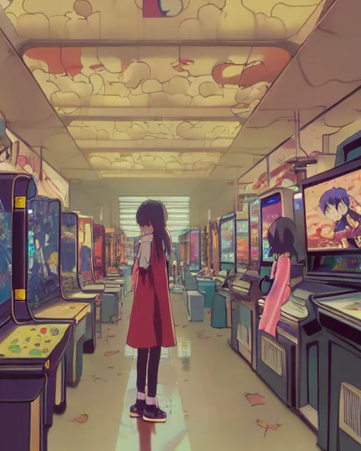 Prompt: a girl at the arcade, full shot, visible face, ambient lighting, detailed, very modern anime style, art by hayao miyazaki, masashi kishimoto, makoto shinkai