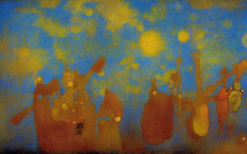 Prompt: surreal movie still from the triplets of belleville, award winning oil painting by odilon redon, chromatic iridescence