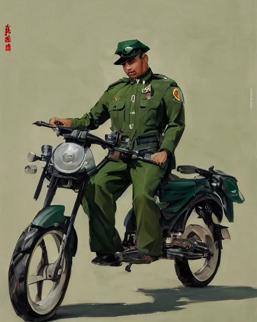 Image similar to greg manchess portrait painting of asian police green uniform, sitting on moped motorbike, medium shot, asymmetrical, profile picture, organic painting, sunny day, matte painting, bold shapes, hard edges, street art, trending on artstation, by huang guangjian and ail elvgren and sachin teng