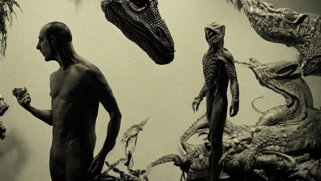 Image similar to a man listening to a reptilian humanoid, reptoids, archons, saurians, draconians, reptile, reptilian, draconian, movie still, cinematic composition, cinematic light, criterion collection, Movie by David Lynch and Ridley Scott