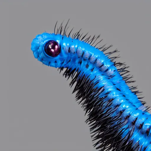 Prompt: studio photograph of a matte dark gray worm with a neon blue head and tail