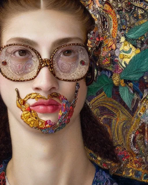 Prompt: a close up of beautiful model with a nose piercing wearing a balaclava and sunglasses surrounded by colourful intricate patterns, by edgar maxence and caravaggio and michael whelan, intricate painting, hyper realistic, extremely detailed and beautiful aesthetic face, 8 k resolution