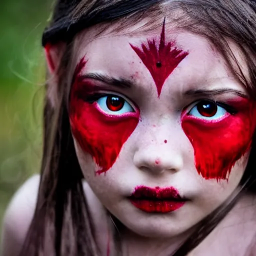 Image similar to a young evil little girl with red eyes during a pagan ceremony