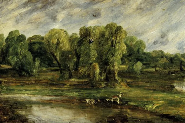 Prompt: ‘ a painting of a pastoral country landscape with a river by john constable ’