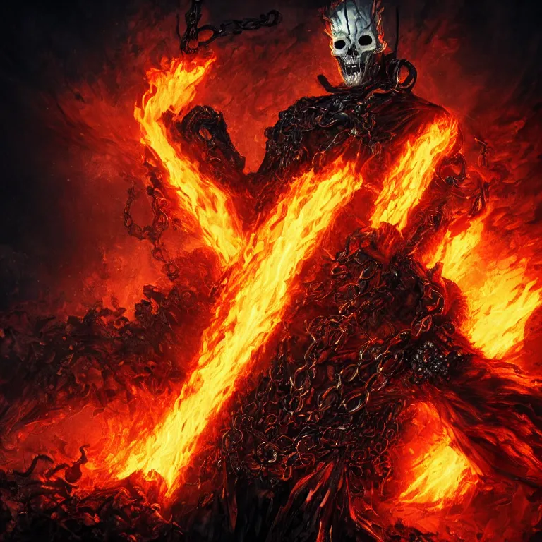 Image similar to Ghost Rider wearing a leather coat and chains, flaming grim reaper, demons of hell, the pits of hell, headshot photo, character concept, dark souls concept art, Feng Zhu concept art, dramatic lighting, highly stylized, trending on artstation, high-quality wallpaper, desktopography