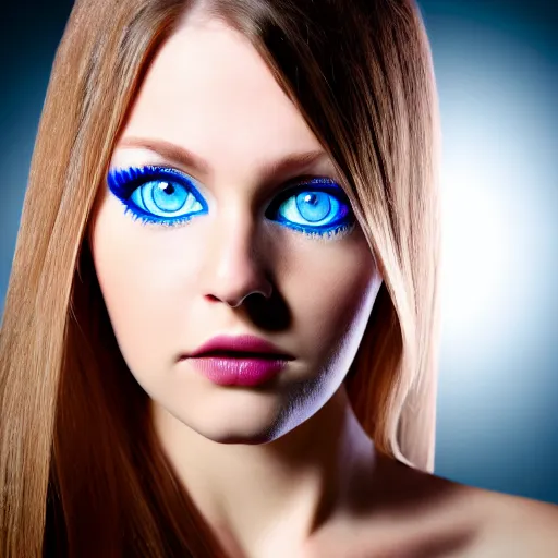 Image similar to photo portrait of very very very beautiful woman face staring into camera, realism, blue eyes, extreme detail, key art, ring light, flash, photo by greg rutkoski, photoshoot