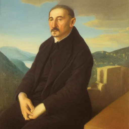 Prompt: portrait of René Guenon, in the style of the Hudson River School