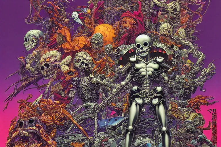 Image similar to poster of crazy roborts skeletor, by yoichi hatakenaka, masamune shirow, josan gonzales and dan mumford, ayami kojima, takato yamamoto, barclay shaw, karol bak, yukito kishiro