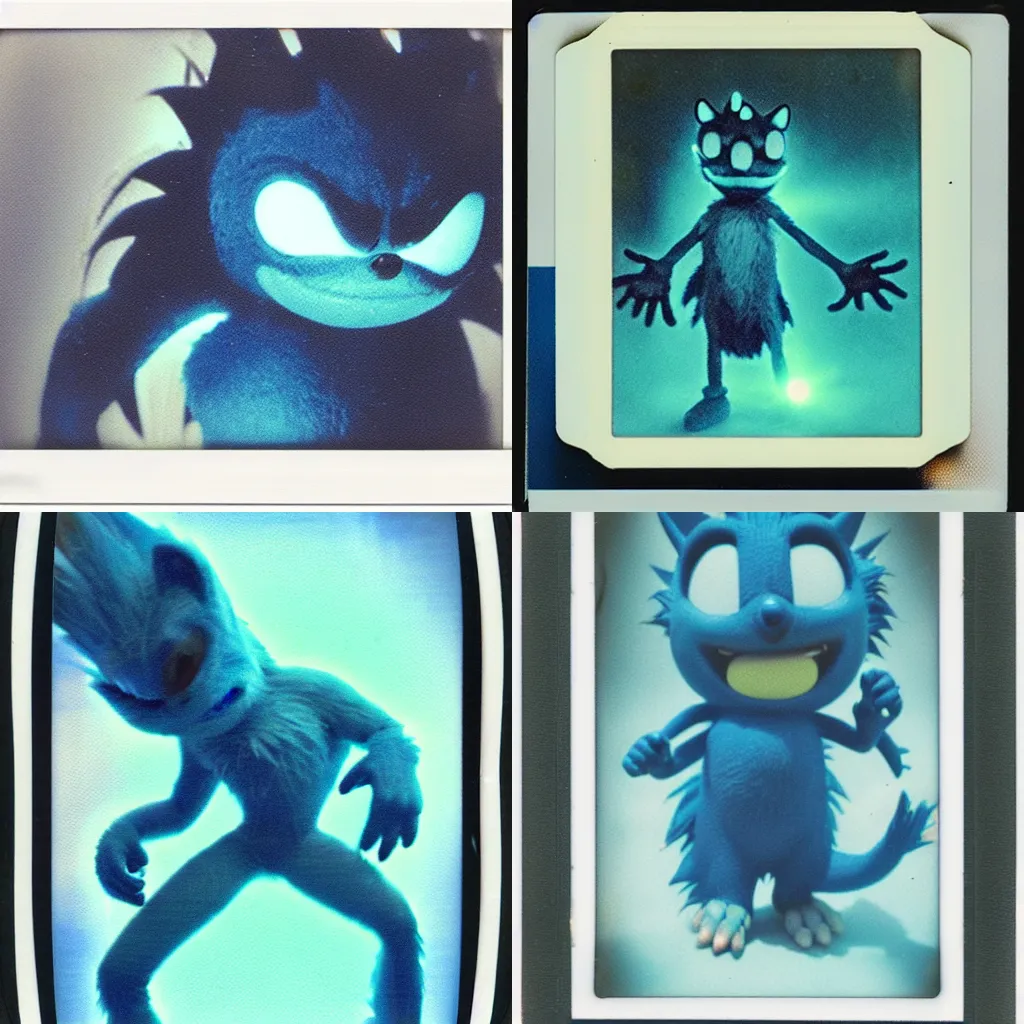 Prompt: medical instax polaroid film still of a sonic the hedgehog blue swamp creature with fangs and claws, faded glow, anamorphic lens flare, creepypasta