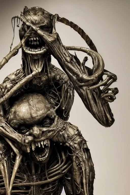 Image similar to photograph of a sculpture of Saturn devouring his son, in the syle of Giger, Giger art, extremely detailed, background is a low light museum, 4k