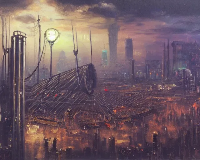 Image similar to oil painting of a big steampunk zeppelin over cyberpunk london, futuristic watchtower, view from far away, dark vibes, very serous painting, majestice masterpiece, tonalism