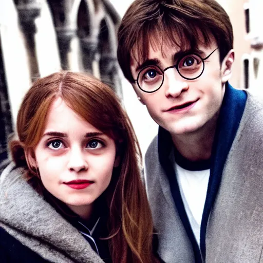 Image similar to Harry Potter and Hermione in Venice, symmetrical face, beautiful eyes, instagram photo, 4k, 8k