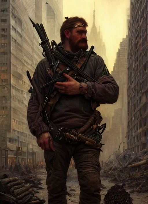 Image similar to a survivalist man, in postapocalypse city, diffuse lighting, fantasy, intricate, elegant, highly detailed, lifelike, photorealistic, digital painting, artstation, illustration, concept art, smooth, sharp focus, art by john collier and artem demura and albert aublet and krenz cushart and alphonse mucha