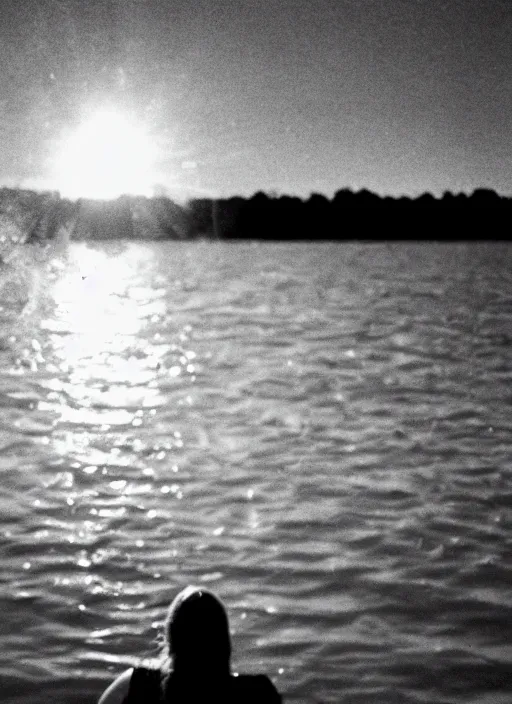 Prompt: a 2 8 mm holga photo from the back of a woman at the edge of a lake, splash art, movie still, bokeh, canon 5 0 mm, cinematic lighting, dramatic, film, photography, golden hour, depth of field, award - winning, anamorphic lens flare, 8 k, hyper detailed, 3 5 mm film grain