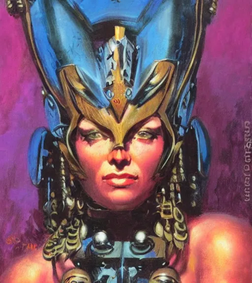 Image similar to portrait of strong female chaos angel, beautiful! coherent! by frank frazetta, by brom, strong line, vivid neon color, spiked scrap metal armor, iron helm maximalist