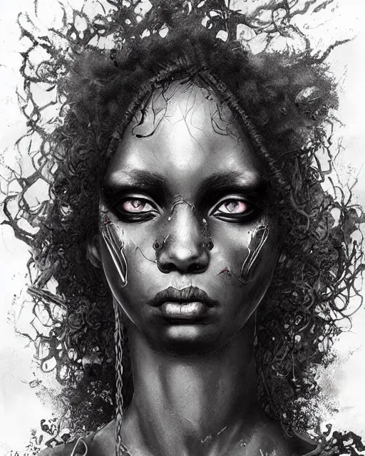 Image similar to gothic afro girl, hyper realistic face, beautiful eyes, fantasy art, in the style of greg rutkowski, intricate, hyper detailed, smooth