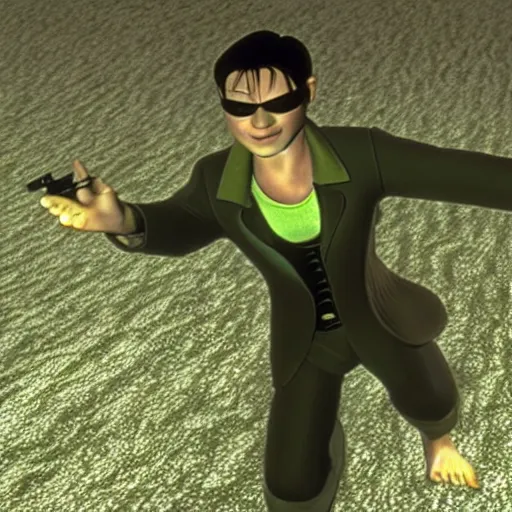 Prompt: Neo from the Matrix, early screen test. Shrek