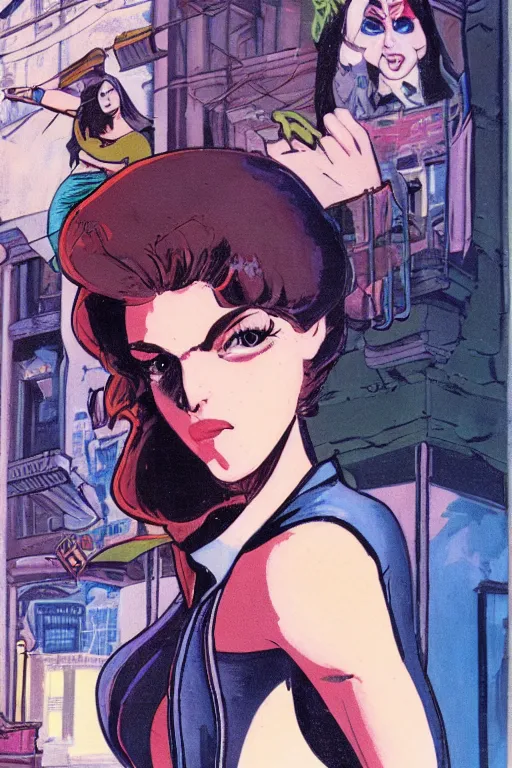 Image similar to portrait of an attractive young female protagonist, center focus, wearing leather jacket, in city street, detailed face, artwork by ralph bakshi