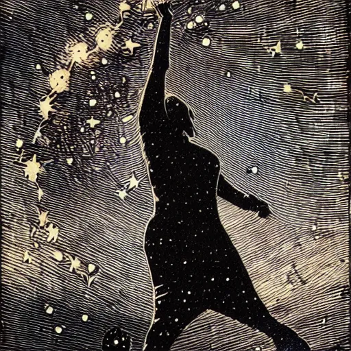 Image similar to Woodcut portrait of me falling into the stars by greg rutkowski, 4k, intricate details