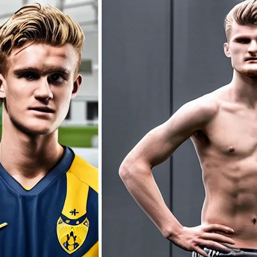 Image similar to a realistic detailed photo of a guy who is an attractive humanoid who is half robot and half humanoid, who is a male android, soccer players martin ødegaard & timo werner, shiny skin, posing like a statue, blank stare, in a factory, on display, showing off his muscles, gold soccer shorts, side view, looking at each other mindlessly