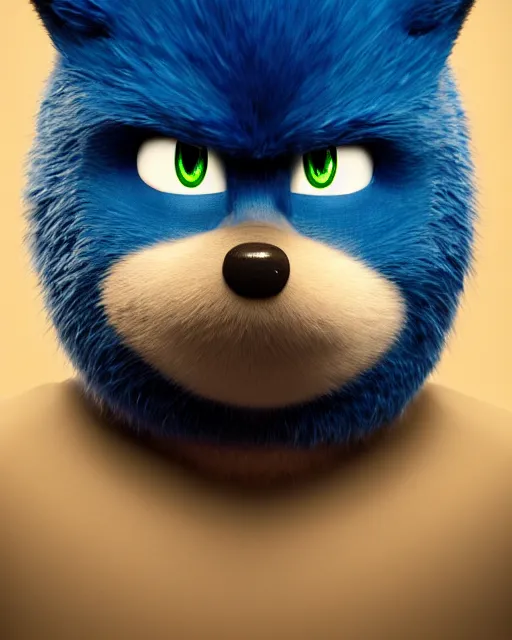 Image similar to prison mugshot of real - life sonic the hedgehog, bright flash, blue fur, dreamworks animation still, low saturation, somber expression, filthy hair, rugged textured face, soft vignette, soft focus, 5 0 mm, 4 k, nypd