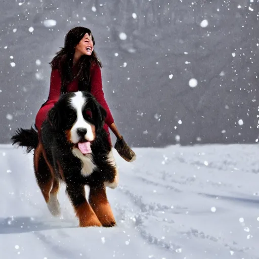 Image similar to girl riding giant Bernese Mountain Dog in the snow, trending on artstation