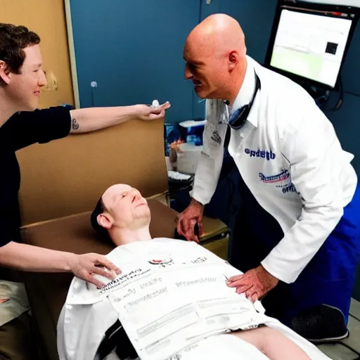 Image similar to after billy corgan throws up on mark zuckerberg's shoes, zuckerberg takes corgan to a doctor to get checked out. the doctor examines him, and gives him a diagnosis : / you've been eating too much pizza / cinematic 8 k'