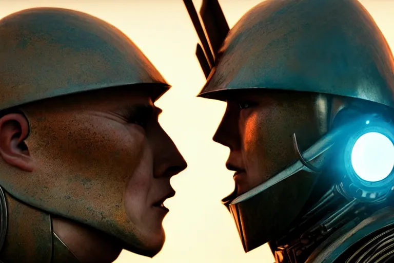 Image similar to vfx film closeup, futuristic mongolian warriors, robot stand - off, flat color profile low - key lighting award winning photography arri alexa cinematography, hyper real photorealistic cinematic, atmospheric cool colorgrade