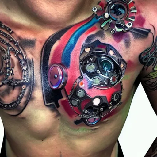 Image similar to chest tattoo of a 3 d hole in the skin with a shiny multicolored metallic gears and tubes and futuristic robotic mechanics inside under the skin, insanely integrate,