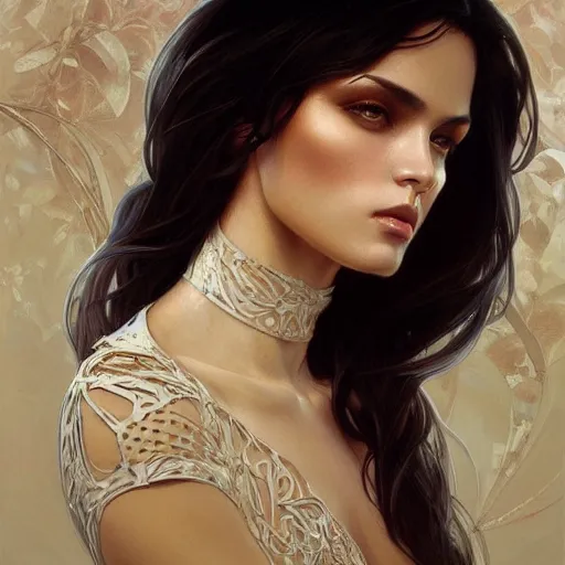 Image similar to Italian Supermodel, olive skin, long dark hair, beautiful bone structure, intricate, elegant, highly detailed, digital painting, artstation, concept art, smooth, sharp focus, illustration, art by artgerm and greg rutkowski and alphonse mucha