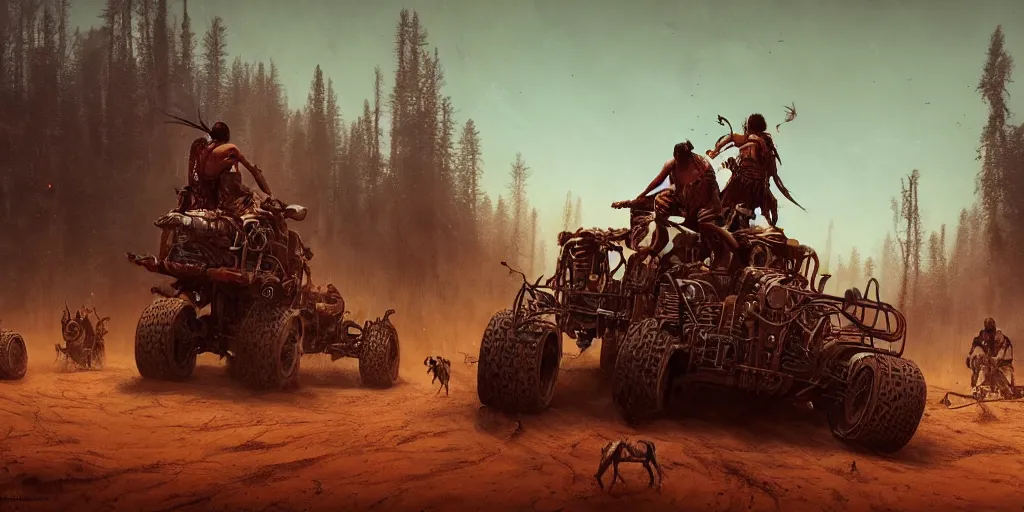 Image similar to woodpunk, ancient indian on atv, buffalo chase ,attacking, action scene, an epic fantasy, dramatic lighting, cinematic, establishing shot, extremely high detail, photorealistic, cinematic lighting, artstation, octane render, by simon stalenhag, horizon forbidden west and mad max