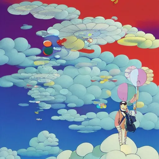 Image similar to a man walking on clouds above kyoto by takashi murakami, beeple and james jean, aya takano color style, 4 k, super detailed