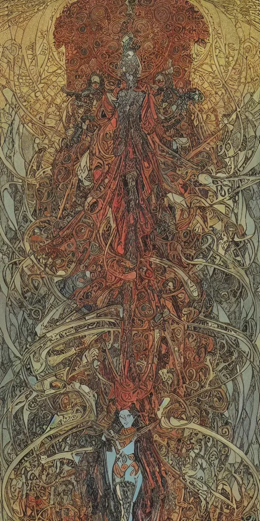 Image similar to castle by philippe druillet and gustave dore and mucha and moebius