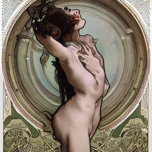Prompt: realistic detailed painting of a dancer girl by Alphonse Mucha Ayami Kojima Amano Charlie Bowater HR Giger, masterpiece