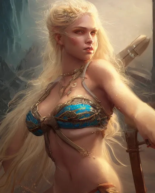 Prompt: A beautiful blonde warrior wearing a magical bikini posing on a boat, beautiful face, highly detailed face, close-up, fantasy art, in the style of greg rutkowski, illustration, epic, fantasy, intricate, hyper detailed, artstation, concept art, smooth, sharp focus, ray tracing