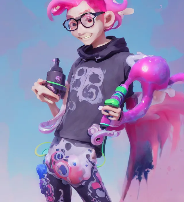 Image similar to a beautiful fullbody portrait of a cute splatoon anime boy with pink tentacle hair wearing tshirt leggings under shorts. character design by cory loftis, fenghua zhong, ryohei hase, ismail inceoglu and ruan jia. artstation, volumetric light, detailed, photorealistic, fantasy, rendered in octane