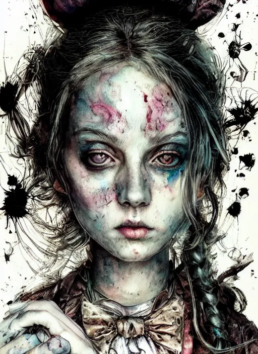 Image similar to portrait, grunge alice in wonderland, watercolor, dramatic lighting, cinematic, establishing shot, extremly high detail, foto realistic, cinematic lighting, pen and ink, intricate line drawings, by Yoshitaka Amano, Ruan Jia, Kentaro Miura, Artgerm, post processed, concept art, artstation, matte painting, style by eddie mendoza, raphael lacoste, alex ross