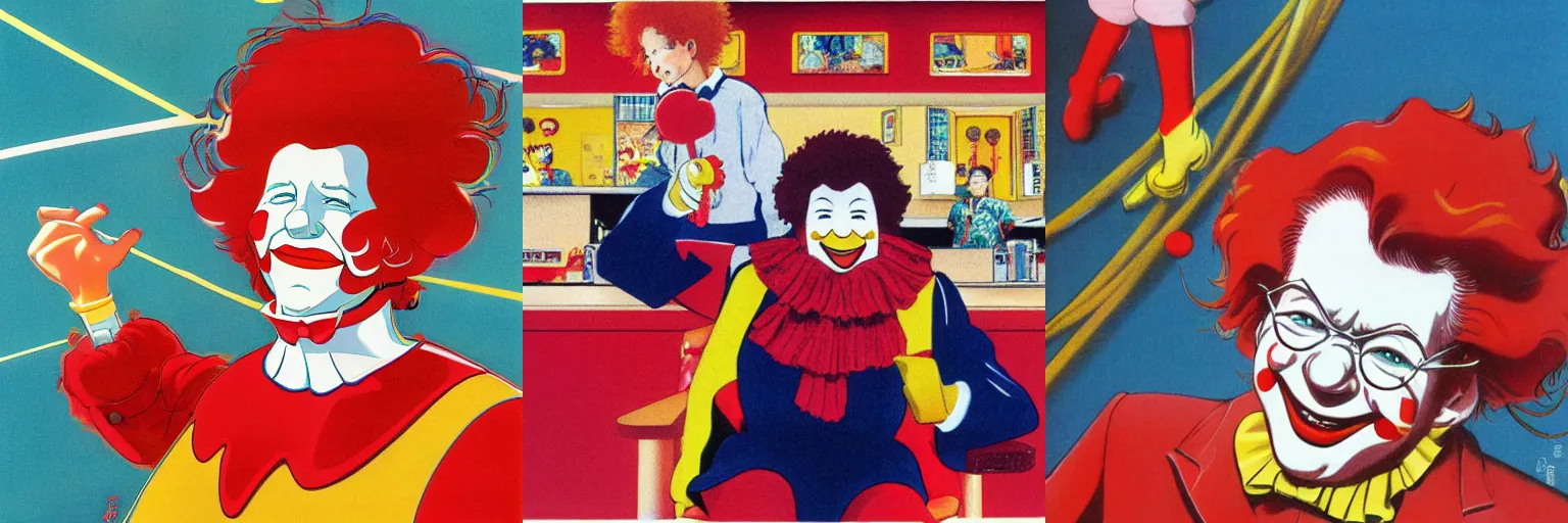 Prompt: Ronald McDonald, by Mohiro Kitoh, color spread