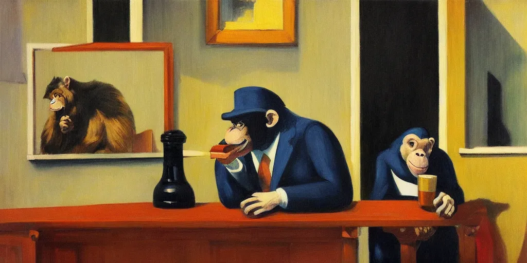 Prompt: Painting in the style of Edward Hopper featuring a chimp sitting at a bar, wearing a suit and a hat, smoking a cigar and drinking whisky. Rainy weather