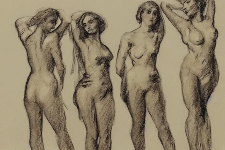 Prompt: pencil sketch, four female figures, by zinaida serebriakova.