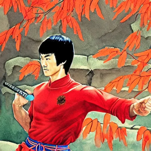 Prompt: watercolor painting, bruce lee stands on the great wall with his nunchakus, showing strong muscles, sharp eyes, and posing in a classic pose by wu jinyuan, the maple leaves outside the great wall are gorgeous, detailed, handsome