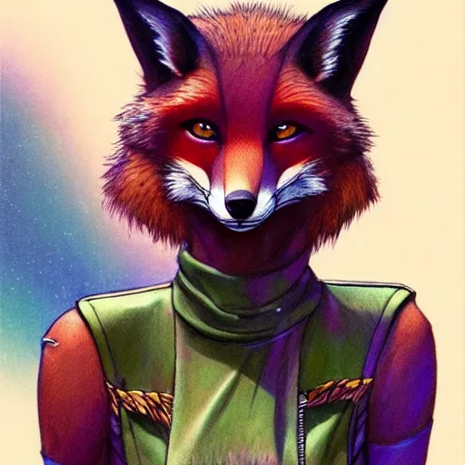 Image similar to a female anthro!! Fox wearing leather clothes and doing the peace sign standing in front of a Starbucks. Inked and colored, hyper realism, high detail, illustration, marvel comic, iridescent accents, by Bruce Pennington, trending on artstation, very coherent symmetrical artwork.