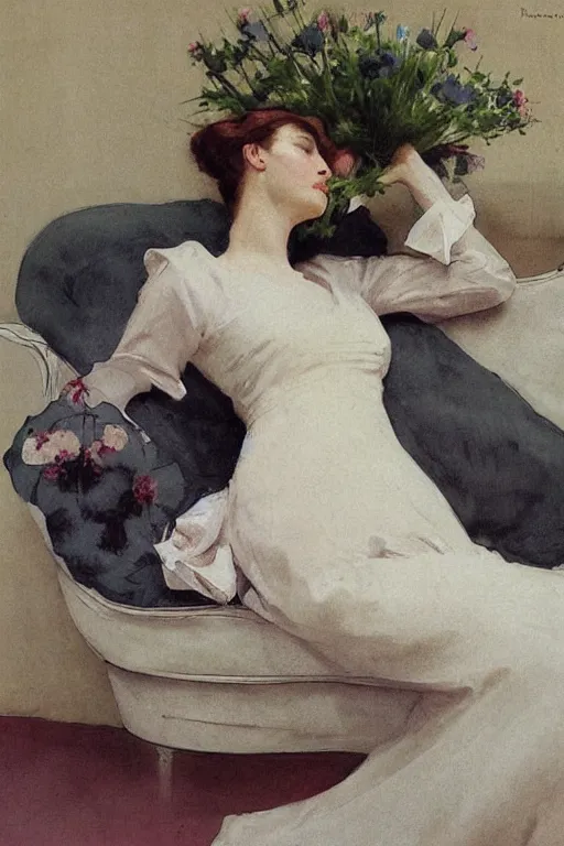 Prompt: european woman in a gown laying on couch, bloom flowers, modern, eclectic, illustration, by ramon casas