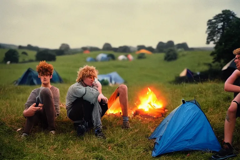 Image similar to candid photo of 3 teenagers camping at Glastonbury, UK, Kodak Portra 200,8K,highly detailed: beautiful perspective closeup environmental portrait photo in style of 2000s retrofuturism, cinema lighting , by beksinski, photography fashion edition, tilt shift, highly detailed, focus on man ;blonde hair;blue eyes, clear eyes, soft lighting